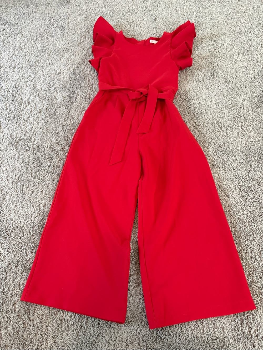 GB girls Red Ruffle-Sleeve Wide-Leg Jumpsuit with Waist Tie